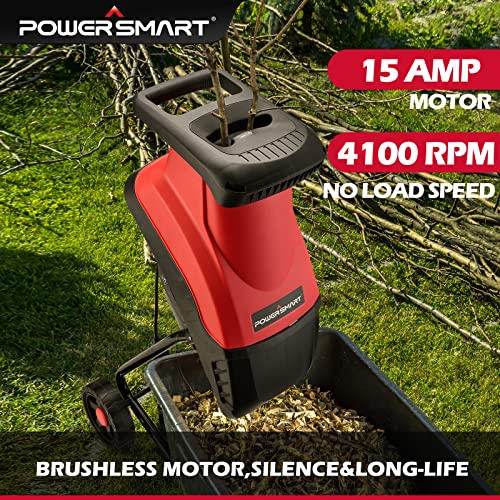 PowerSmart Corded Wood Chipper,15-Amp Electric Garden Chipper with Safety Locking Knob, Collection Bag