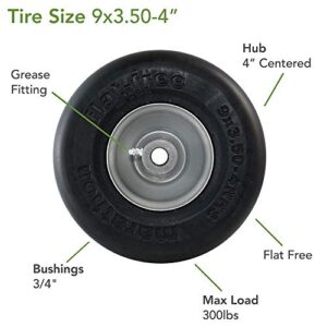 Marathon 9x3.50-4" Flat Free Lawnmower Tire on Wheel, 4" Centered Hub, 3/4" Bushings