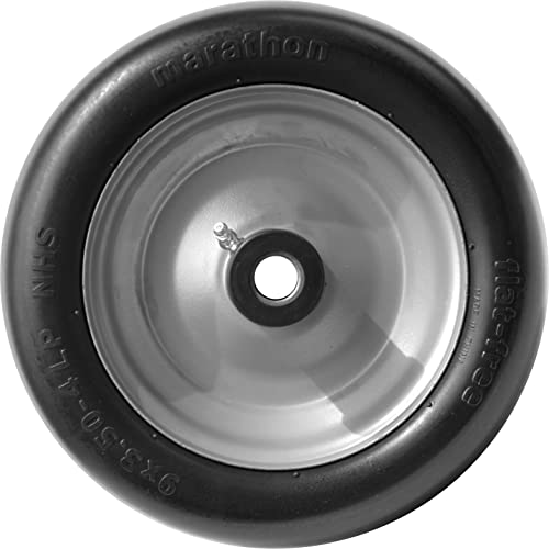 Marathon 9x3.50-4" Flat Free Lawnmower Tire on Wheel, 4" Centered Hub, 3/4" Bushings