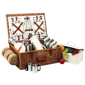 picnic at ascot dorset english-style willow picnic basket with service for 4, coffee set and blanket – santa cruz