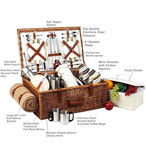 Picnic at Ascot Dorset English-Style Willow Picnic Basket with Service for 4, Coffee Set and Blanket - Santa Cruz