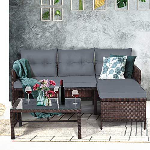 Tangkula Patio Corner Sofa Set 3 Piece, Outdoor Rattan Sofa Set, Includes Lounge Chaise, Loveseat & Coffee Table, Patio Garden Poolside Lawn Backyard Furniture (Gray)