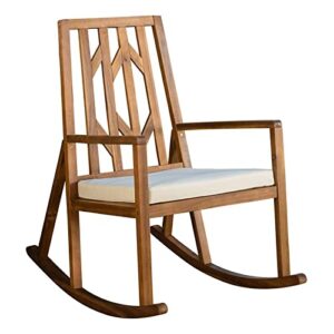 Christopher Knight Home Nuna Outdoor Wood Rocking Chair with Cushion, Teak Finish Dimensions: 37.75”D x 26.50”W x 41.25”H