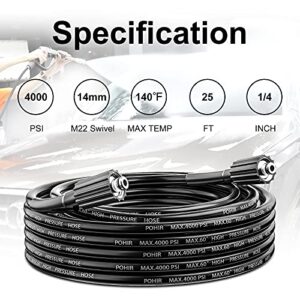 POHIR Pressure Washer Hose 25FT, Kink Resistant Power Washer Replacement Hose 1/4 Inch with M22 14MM Swivel, Lightweight Pressure Washer Extension Hose 3600 PSI