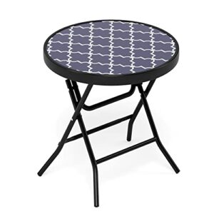 mfstudio patio side table, folding portable round bistro coffee table, tempered glass metal end table, plant stand for indoor & outdoor garden backyard lawn poolside, 18 inch pattern blue