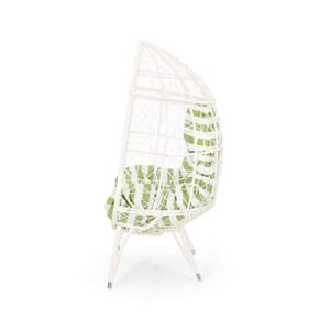 Valerie Outdoor Wicker Teardrop Chair with Cushion, White and Green