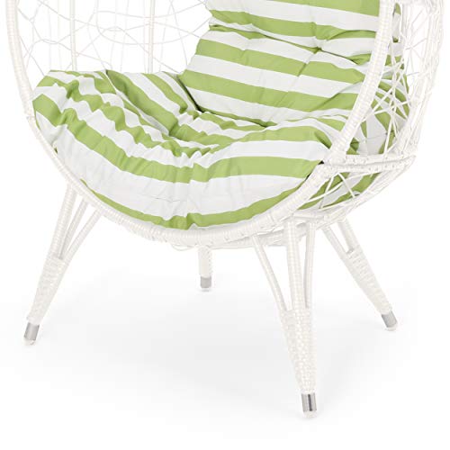 Valerie Outdoor Wicker Teardrop Chair with Cushion, White and Green
