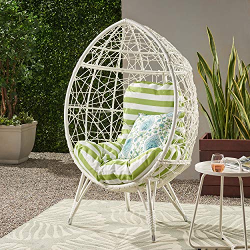 Valerie Outdoor Wicker Teardrop Chair with Cushion, White and Green