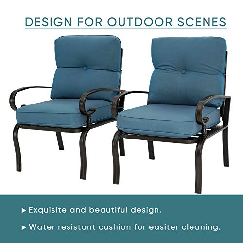 SUNCROWN Outdoor Metal Patio Dining Chair Set of 2, All-Weather Bistro Seating Chairs, Steel Frame Armrest Chairs with Thick Cushion - Blue