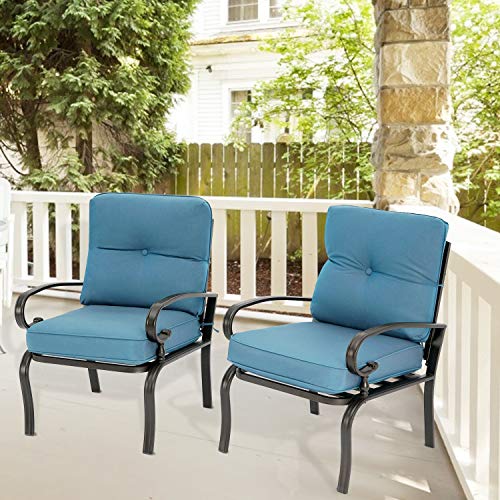 SUNCROWN Outdoor Metal Patio Dining Chair Set of 2, All-Weather Bistro Seating Chairs, Steel Frame Armrest Chairs with Thick Cushion - Blue