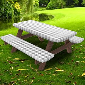 umineux picnic table cover with bench covers fitted table clothes for 6 foot rectangle tables vinyl flannel backing with elastic edge -for outdoor/indoor party&dining(30×72 inch,3-pieces, gray plaid)
