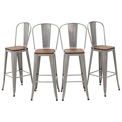 Sophia & William 30" Metal Bar Stools Set of 4 High Back Counter Height Barstools with Wooden Seat,Indoor/Outdoor Barstools,Matte Silver Gray