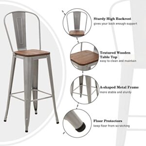 Sophia & William 30" Metal Bar Stools Set of 4 High Back Counter Height Barstools with Wooden Seat,Indoor/Outdoor Barstools,Matte Silver Gray