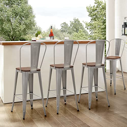 Sophia & William 30" Metal Bar Stools Set of 4 High Back Counter Height Barstools with Wooden Seat,Indoor/Outdoor Barstools,Matte Silver Gray