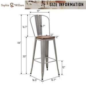 Sophia & William 30" Metal Bar Stools Set of 4 High Back Counter Height Barstools with Wooden Seat,Indoor/Outdoor Barstools,Matte Silver Gray
