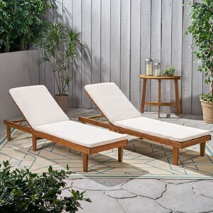 Christopher Knight Home Madge Oudoor Chaise Lounge with Cushion (Set of 2), Teak Finish, Cream