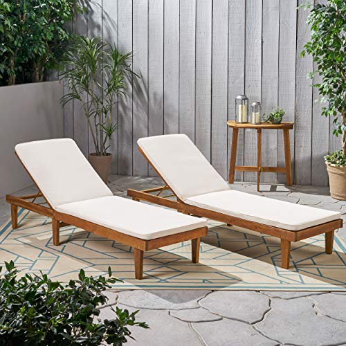 Christopher Knight Home Madge Oudoor Chaise Lounge with Cushion (Set of 2), Teak Finish, Cream