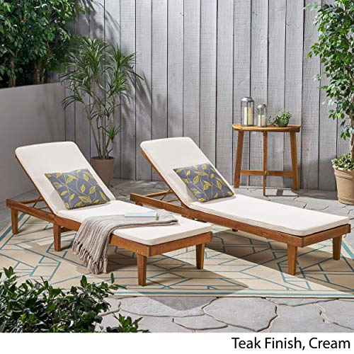 Christopher Knight Home Madge Oudoor Chaise Lounge with Cushion (Set of 2), Teak Finish, Cream