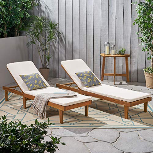 Christopher Knight Home Madge Oudoor Chaise Lounge with Cushion (Set of 2), Teak Finish, Cream