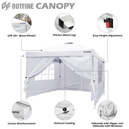 OUTFINE Canopy 10'x10' Pop Up Commercial Instant Gazebo Tent, Fully Waterproof, Outdoor Party Canopies with 4 Removable Sidewalls, Stakes x8, Ropes x4 (White, 10*10FT)