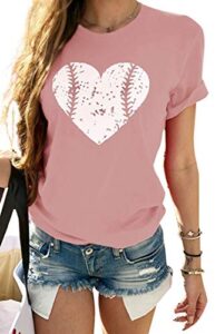 women cute heart baseball graphic t-shirt short sleeve summer casual short sleeve tops beach o-neck tees pink