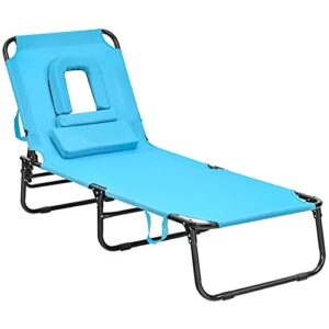 giantex outdoor chaise lounge chair – folding beach chair with 5 adjustable positions, hole, detachable pillow, hand ropes, lounger for sunbathing, poolside, yard, patio lawn chair