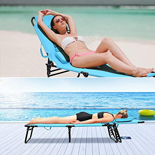 Giantex Outdoor Chaise Lounge Chair - Folding Beach Chair with 5 Adjustable Positions, Hole, Detachable Pillow, Hand Ropes, Lounger for Sunbathing, Poolside, Yard, Patio Lawn Chair