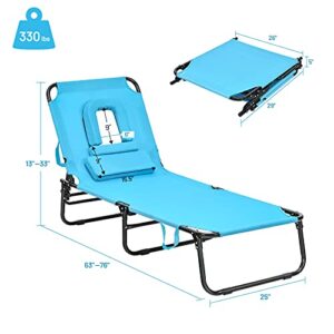 Giantex Outdoor Chaise Lounge Chair - Folding Beach Chair with 5 Adjustable Positions, Hole, Detachable Pillow, Hand Ropes, Lounger for Sunbathing, Poolside, Yard, Patio Lawn Chair