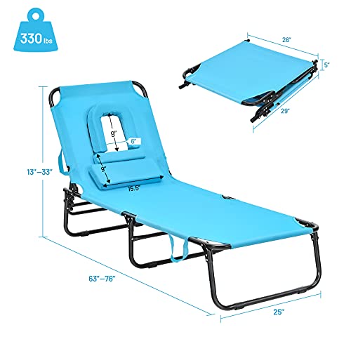 Giantex Outdoor Chaise Lounge Chair - Folding Beach Chair with 5 Adjustable Positions, Hole, Detachable Pillow, Hand Ropes, Lounger for Sunbathing, Poolside, Yard, Patio Lawn Chair