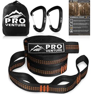 pro venture hammock straps and 2 carabiners, 30+2 loops, 1200lbs breaking strength (500lbs rated) | 100% non-stretch, lightweight, portable camping – quick, easy setup | heavy duty + tree friendly