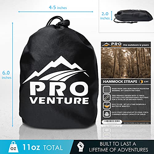 Pro Venture Hammock Straps and 2 Carabiners, 30+2 Loops, 1200lbs Breaking Strength (500lbs Rated) | 100% Non-Stretch, Lightweight, Portable Camping - Quick, Easy Setup | Heavy Duty + Tree Friendly