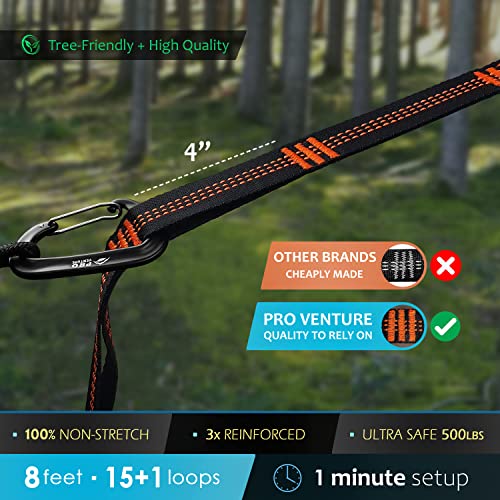 Pro Venture Hammock Straps and 2 Carabiners, 30+2 Loops, 1200lbs Breaking Strength (500lbs Rated) | 100% Non-Stretch, Lightweight, Portable Camping - Quick, Easy Setup | Heavy Duty + Tree Friendly