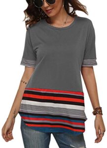 huange womens color block striped t shirts summer short sleeve crew neck tunic tops blouse gray
