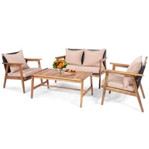 tangkula 4-piece patio furniture set, outdoor acacia wood conversation set with cushions and coffee table, outdoor pe wicker sectional sofa set for garden, poolside and backyard (1, beige)