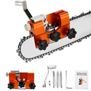 chainsaw sharpener, chainsaw sharpening jig hand crank with 3 grinding rod, portable manual steel chainsaw blade sharpener tool attachment for gas/electric chain saw, lumberjack and garden worker