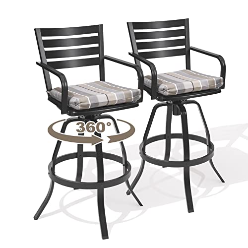 Pellebant Swivel Outdoor Bar Stools Set of 2, Patio Bar Dining Chairs with Cast Aluminum Frame, Sunbrella Cushion, Easy to Install, Champagne