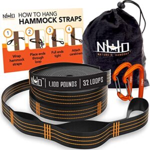 Hammock Straps for Trees with 2 Carabiners - 10 FT Tree Swing Strap - 700+ LBS Heavy Duty 32 Loops & No Stretch Camping Hammock Tree Straps - 20 FT Combined Tree Swing Hanging Kit - Natures Hangout