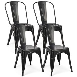 set of 4 metal dining chairs indoor outdoor stackable side chairs coffee chair classic chic industrial vintage, patio and dining metal side chairs (black)