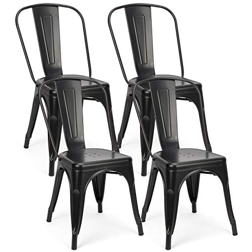 Set of 4 Metal Dining Chairs Indoor Outdoor Stackable Side Chairs Coffee Chair Classic Chic Industrial Vintage, Patio and Dining Metal Side Chairs (Black)