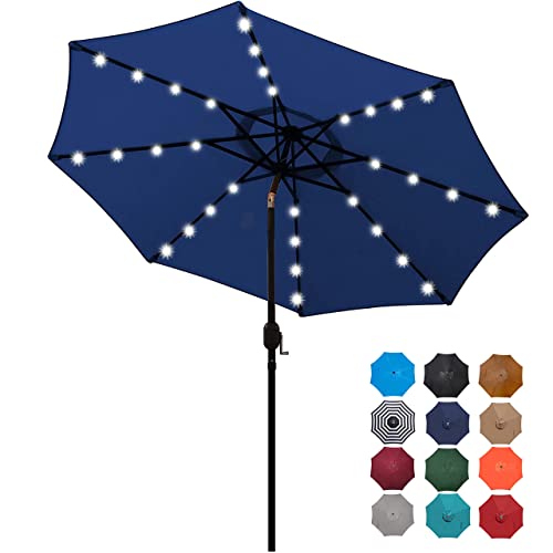 Blissun 9 ft Solar Umbrella 32 LED Lighted Patio Umbrella Table Market Umbrella with Tilt and Crank Outdoor Umbrella for Garden, Deck, Backyard, Pool and Beach (Navy Blue)