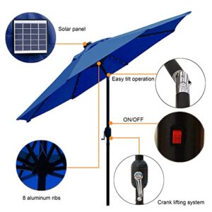 Blissun 9 ft Solar Umbrella 32 LED Lighted Patio Umbrella Table Market Umbrella with Tilt and Crank Outdoor Umbrella for Garden, Deck, Backyard, Pool and Beach (Navy Blue)