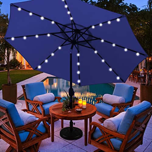 Blissun 9 ft Solar Umbrella 32 LED Lighted Patio Umbrella Table Market Umbrella with Tilt and Crank Outdoor Umbrella for Garden, Deck, Backyard, Pool and Beach (Navy Blue)