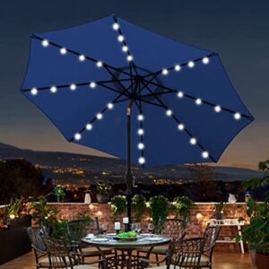 Blissun 9 ft Solar Umbrella 32 LED Lighted Patio Umbrella Table Market Umbrella with Tilt and Crank Outdoor Umbrella for Garden, Deck, Backyard, Pool and Beach (Navy Blue)