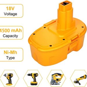 [Upgraded to 4.5Ah]2Pack DC9098 DC9096 Battery Compatible with Dewalt 18 volt Battery Replacement DC9099 DC970 Ni-Mh DW9095 DW9096 DW9098 DW9099 DE9039 DE9095 DE9096 DE9098 for dewalt 18v xrp battery