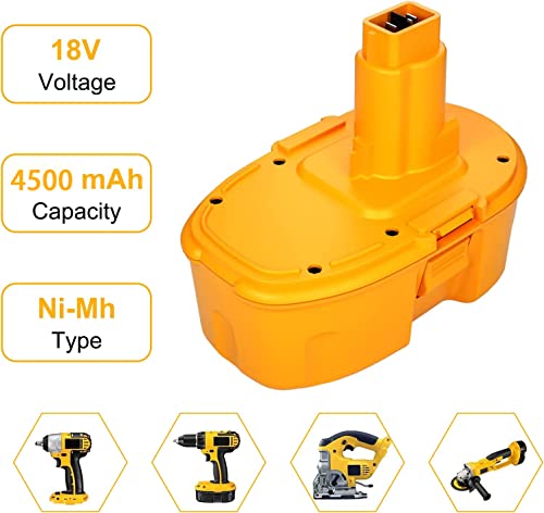[Upgraded to 4.5Ah]2Pack DC9098 DC9096 Battery Compatible with Dewalt 18 volt Battery Replacement DC9099 DC970 Ni-Mh DW9095 DW9096 DW9098 DW9099 DE9039 DE9095 DE9096 DE9098 for dewalt 18v xrp battery