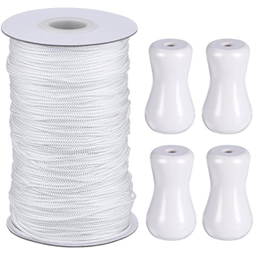 1.8 mm White Braided Lift Shade Cord 55 Yards/Roll with 4 Pieces White Wood Pendant for Aluminum Blind Shade, Gardening Plant and Crafts (White)