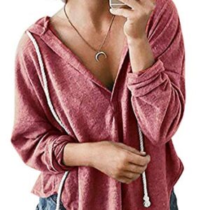 RANLUP Womens V Neck Long Sleeve Casual Loose Tshirts Plain Drawstring Sweatshirts Hoodies Tops Blouses Pink Red