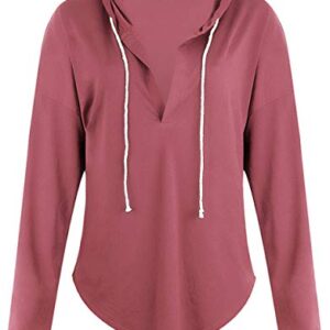 RANLUP Womens V Neck Long Sleeve Casual Loose Tshirts Plain Drawstring Sweatshirts Hoodies Tops Blouses Pink Red