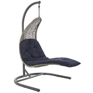 modway landscape wicker rattan outdoor patio porch chaise lounge hanging swing chair set with stand in light gray navy