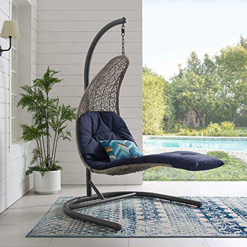 Modway Landscape Wicker Rattan Outdoor Patio Porch Chaise Lounge Hanging Swing Chair Set with Stand in Light Gray Navy